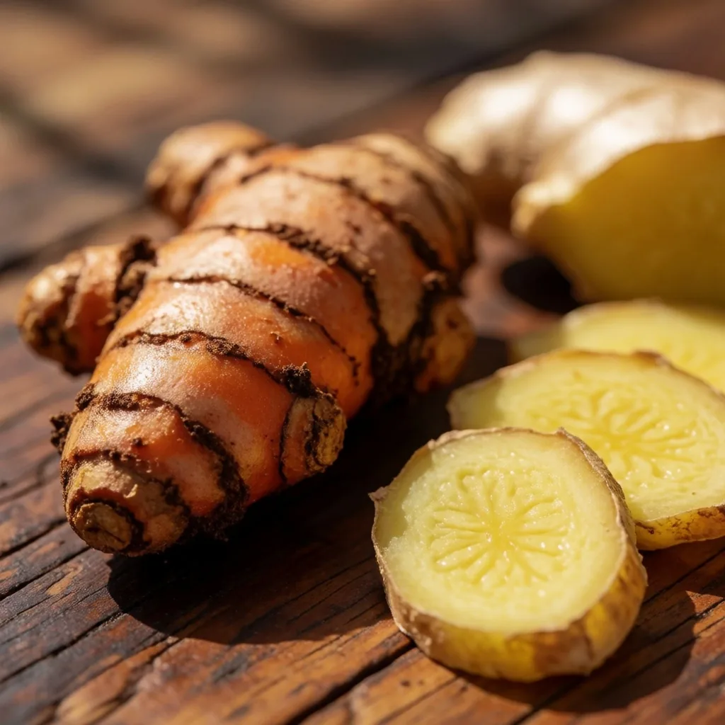 Turmeric root and ginger on a teak surface