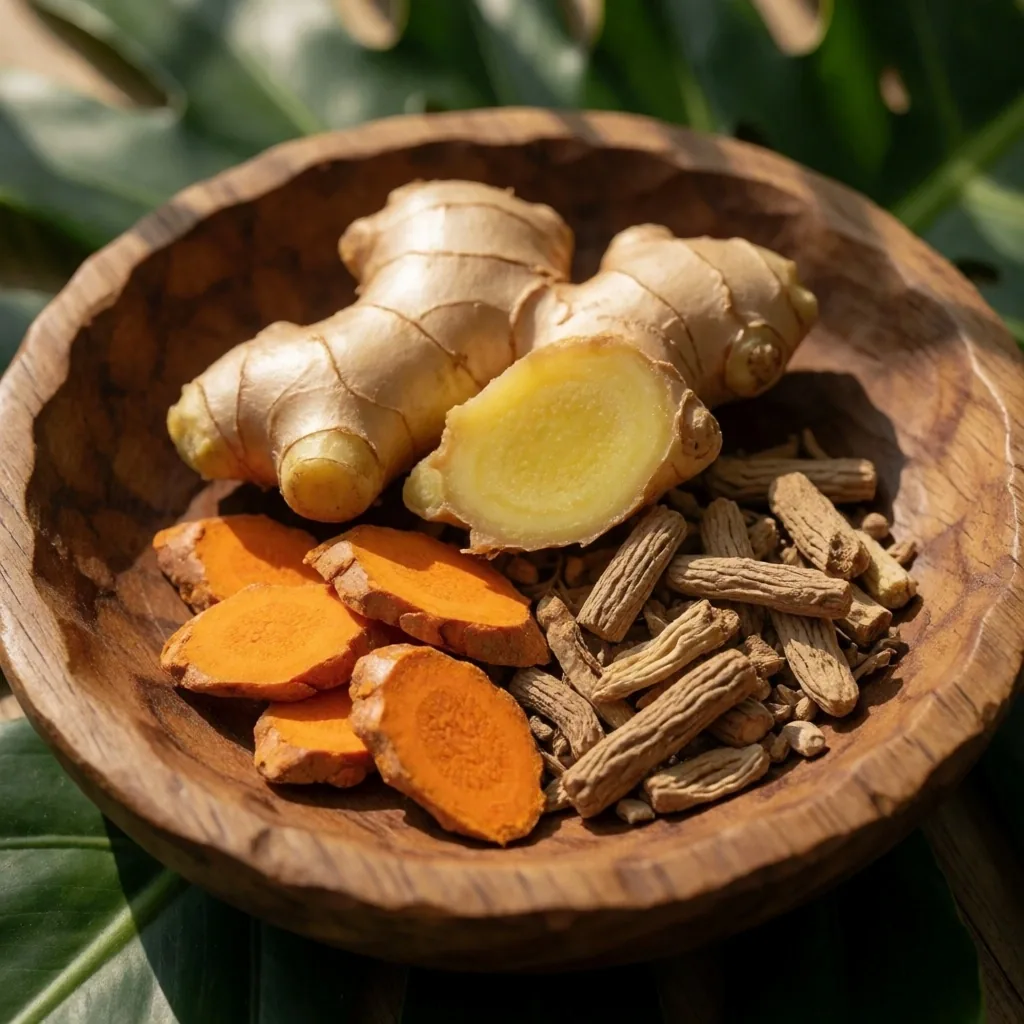 Natural botanicals and wellness ingredients arranged on a teak surface