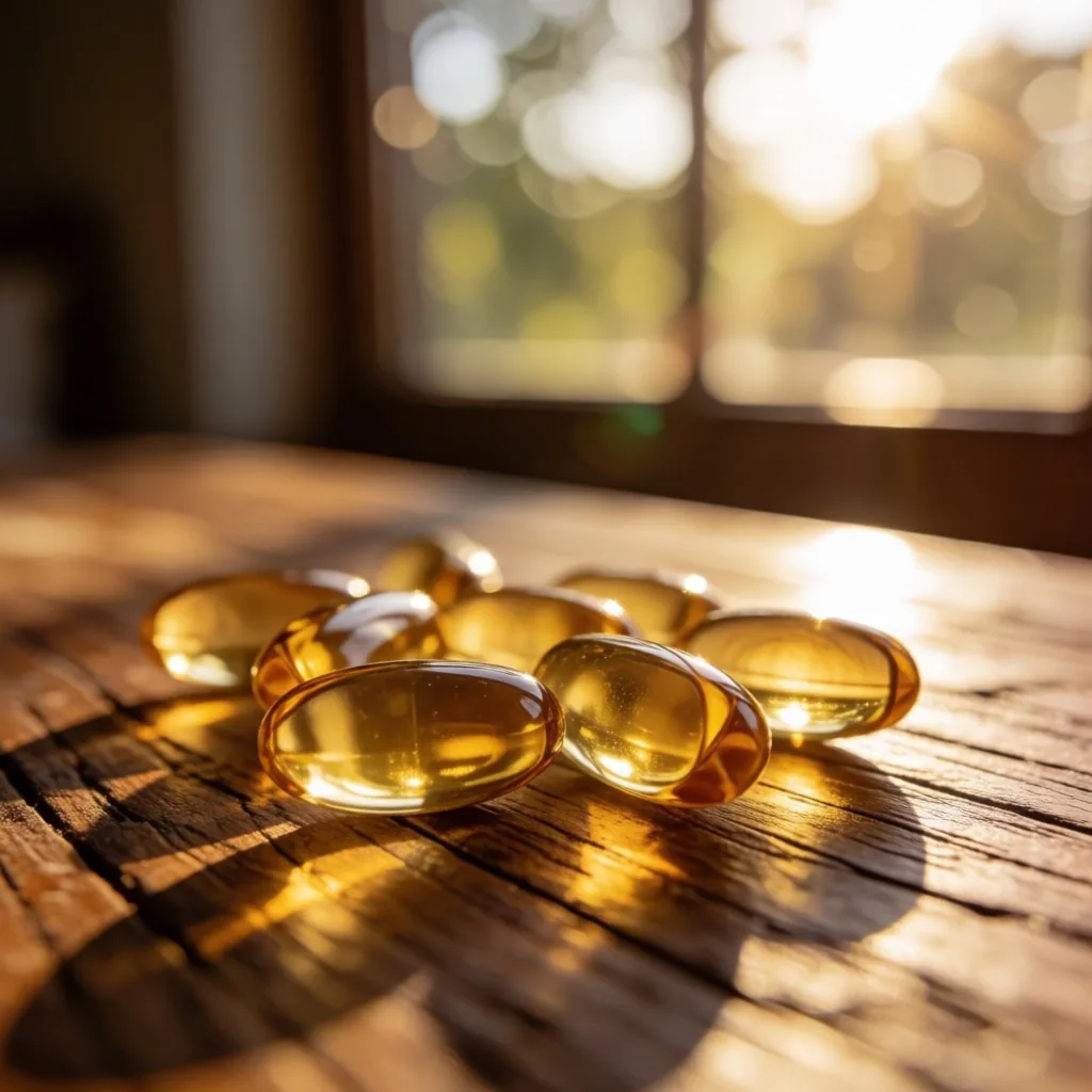 Vitamin D3 capsules in warm sunlight